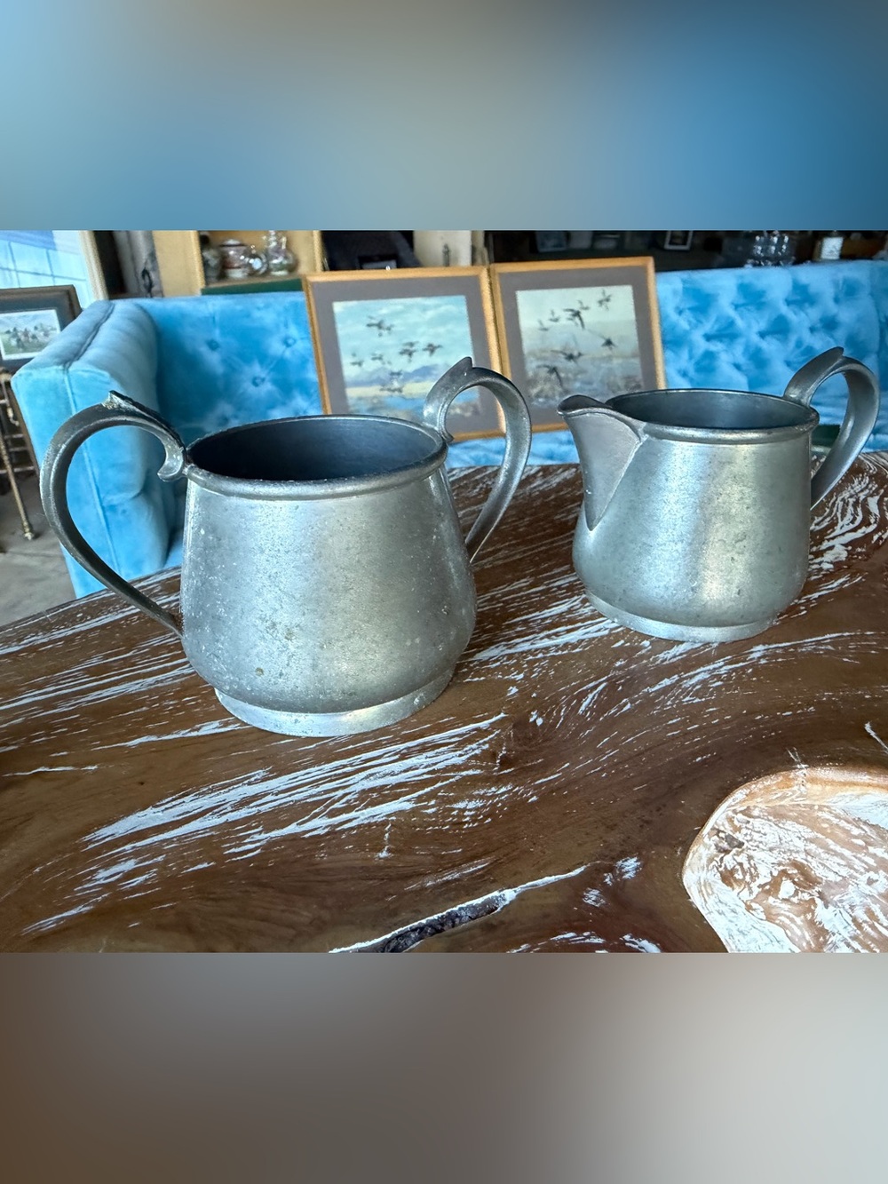 Vintage Pewter Creamer and Sugar Set - Gray